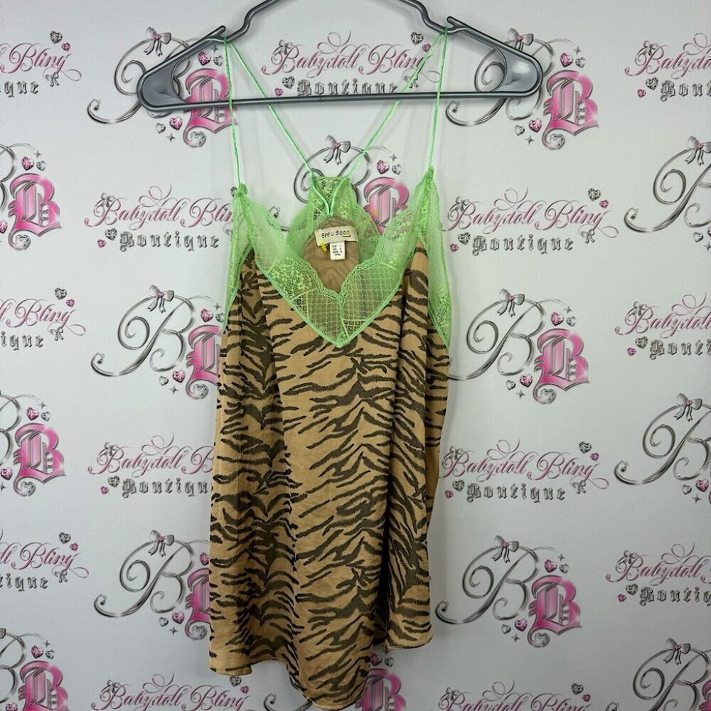 See u soon tank top cami camisole zebra beige print lime green lace racer back